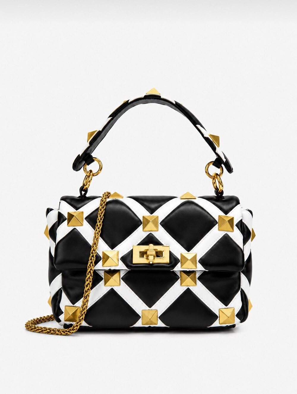 Luxury Black & White Top Handle Egyptian Stud Shoulder Bag w Byzantine Chain